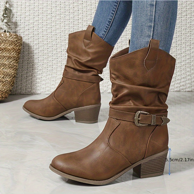 Women's Leather Round-Toe Chunky Heeled Riding Boots with Pleated Fasteners