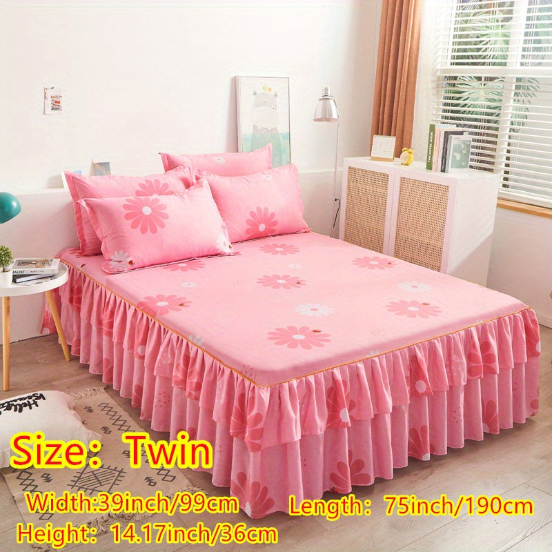 Three-Piece Macrame Bed Skirt Set with Flower Print Non-Slip Bedding for All Seasons