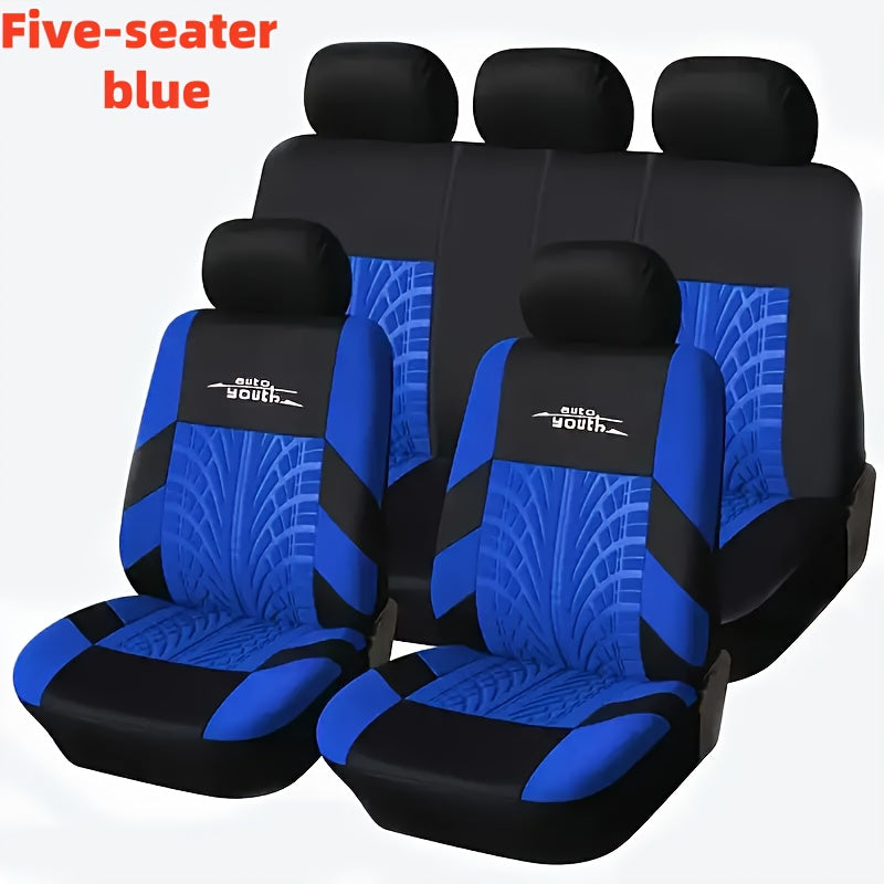 Universal Nine-Piece Car Seat Cover Set with Sponge Filling and Tire Trace Design for All Seasons