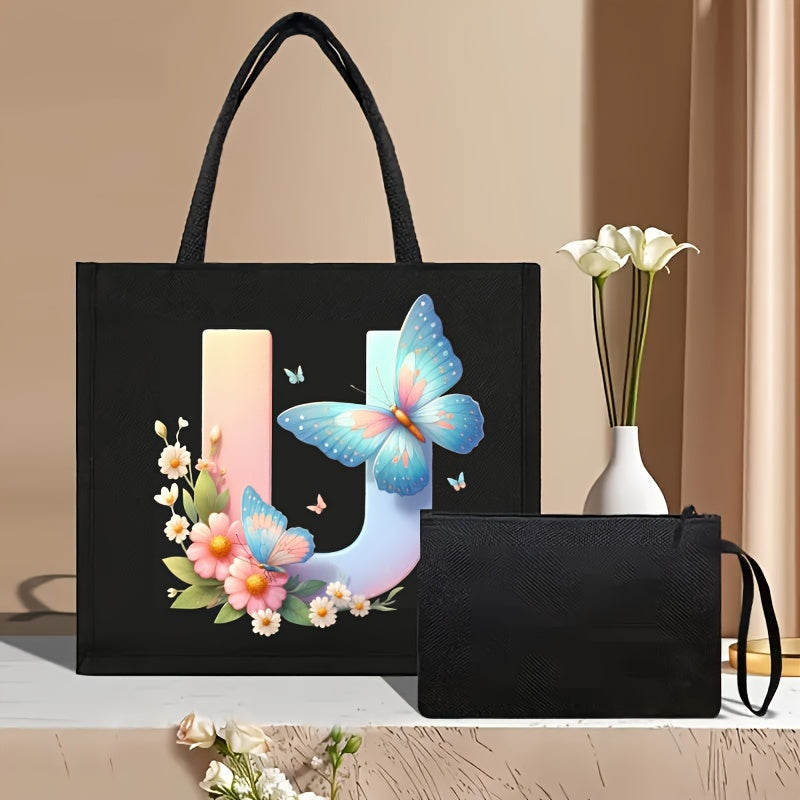 Set of 2 Floral Letter Print Canvas Tote Bags Large Handbag with Clutch Pouch