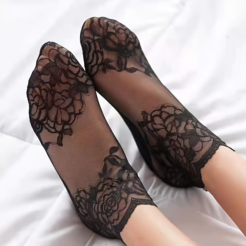 Women's Lace-Trimmed Mesh Socks Set 5 Pairs Floral Rose Summer Lightweight