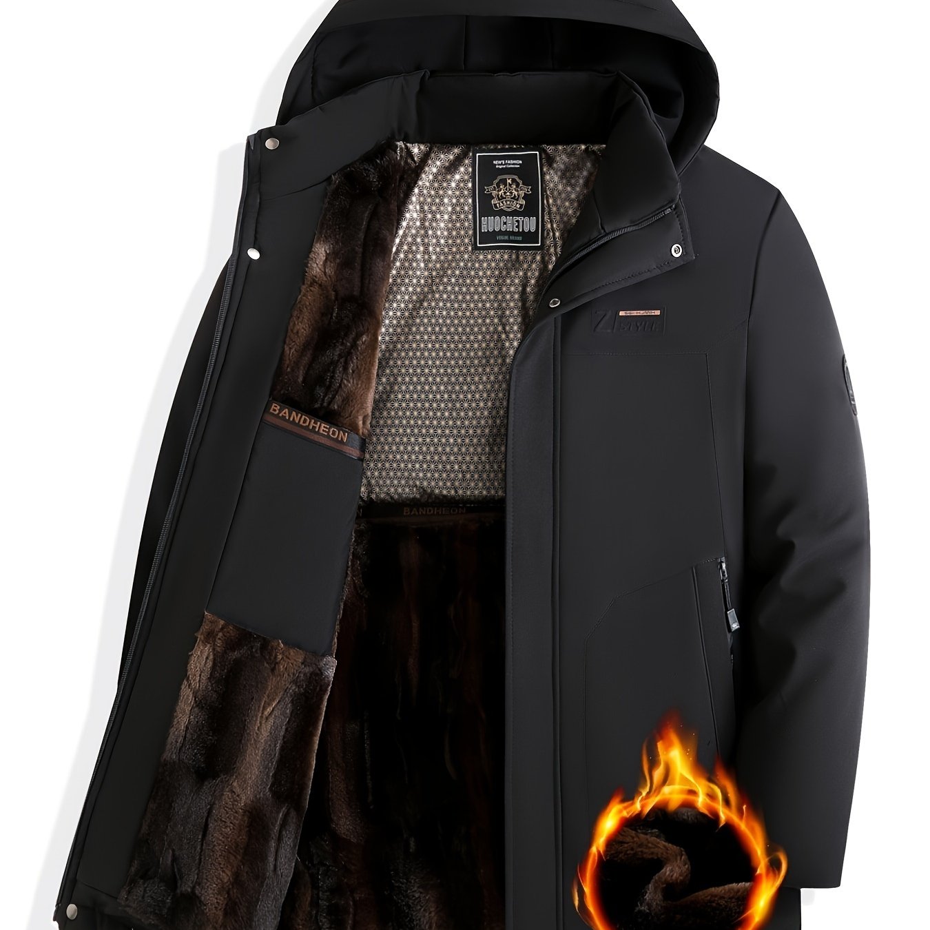 Men's Navy Blue Winter Jacket with Detachable Hood Fleece Lined Breathable Zipper Coat