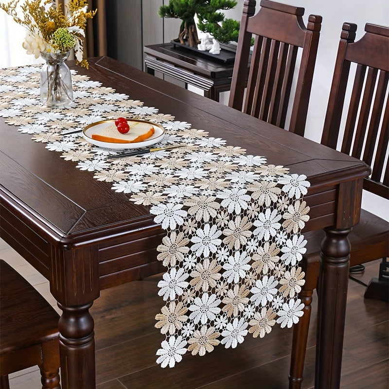 Sunflower Lace Table Runner Woven Polyester Dual-Tone for Dining Room Decor