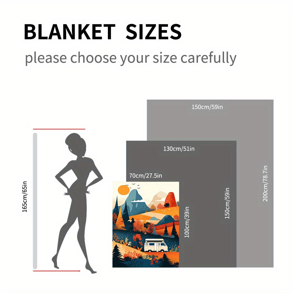 Flannel Throw Blanket Autumn Mountain Camper Van Design Soft Warm Knitted Polyester All-Season