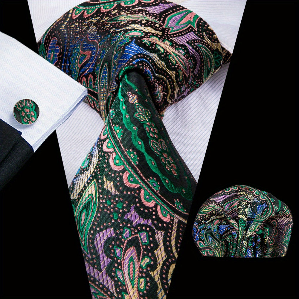 Men's Classic Necktie Set 160cm with Matching Hanky and Cufflinks for Business and Formal Events
