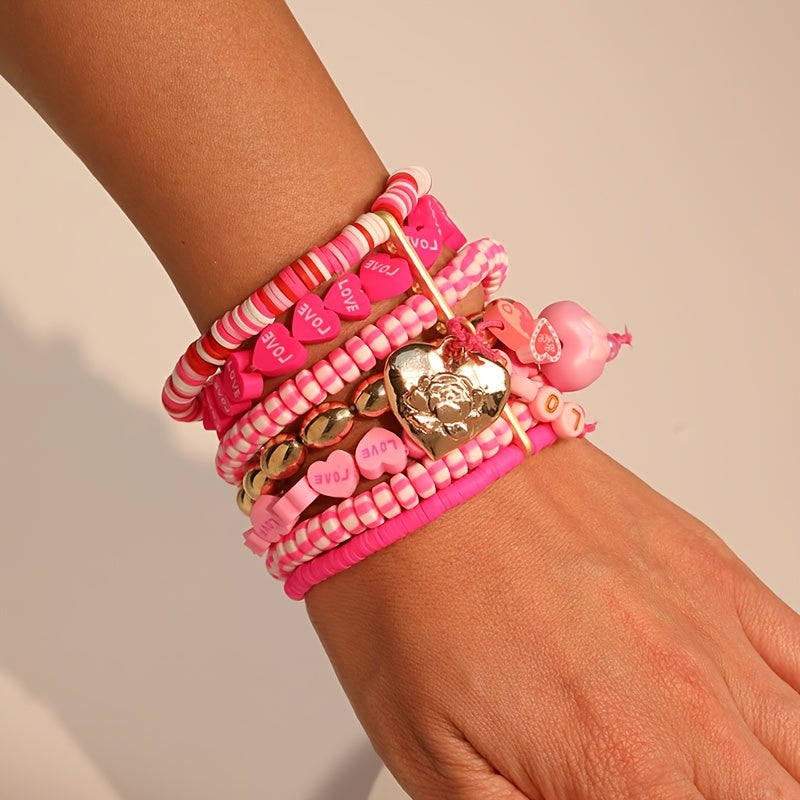Pink Beaded Valentine's Day Bracelet with Heart Pendant and Multi-Layered Design