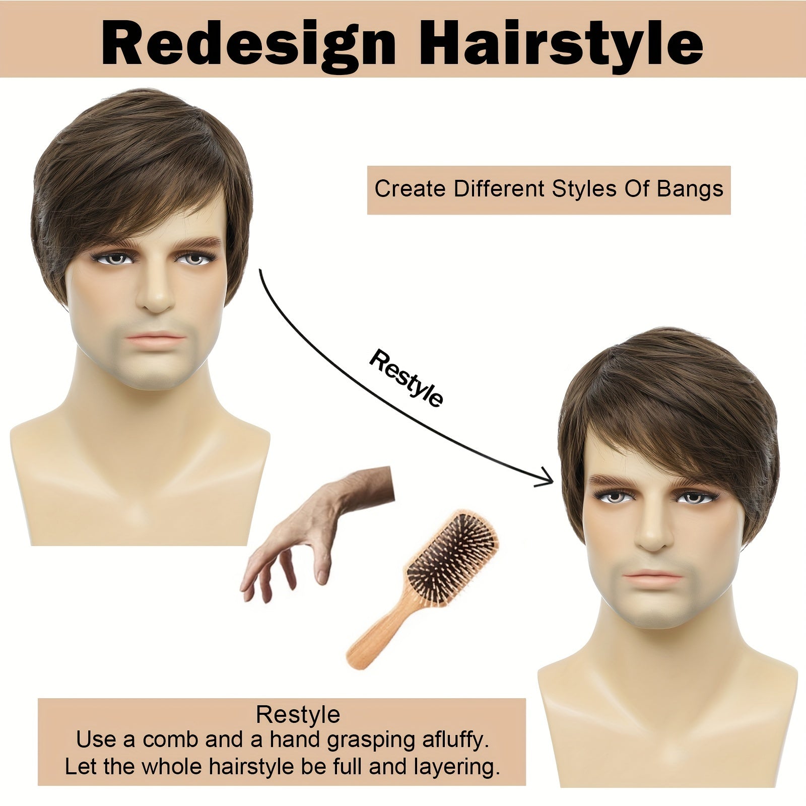 Men's Casual Short Wig Brown Side-Parted Cosplay Halloween Party Prop