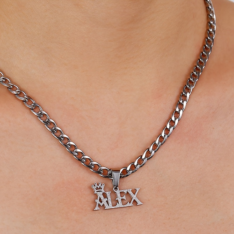 Stainless Steel Pendant Necklace with Crown Charm Custom Name Men Jewelry