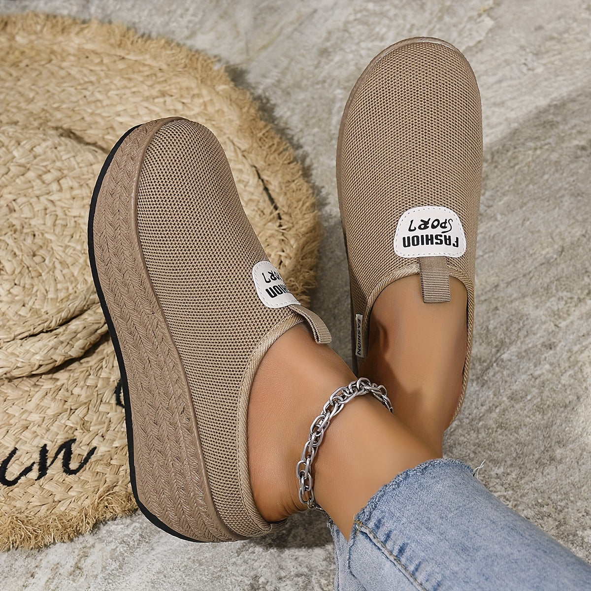 Zapatillas casuales para mujer con suela gruesa y sin cordones, parte superior de tela negra, suela de TPR