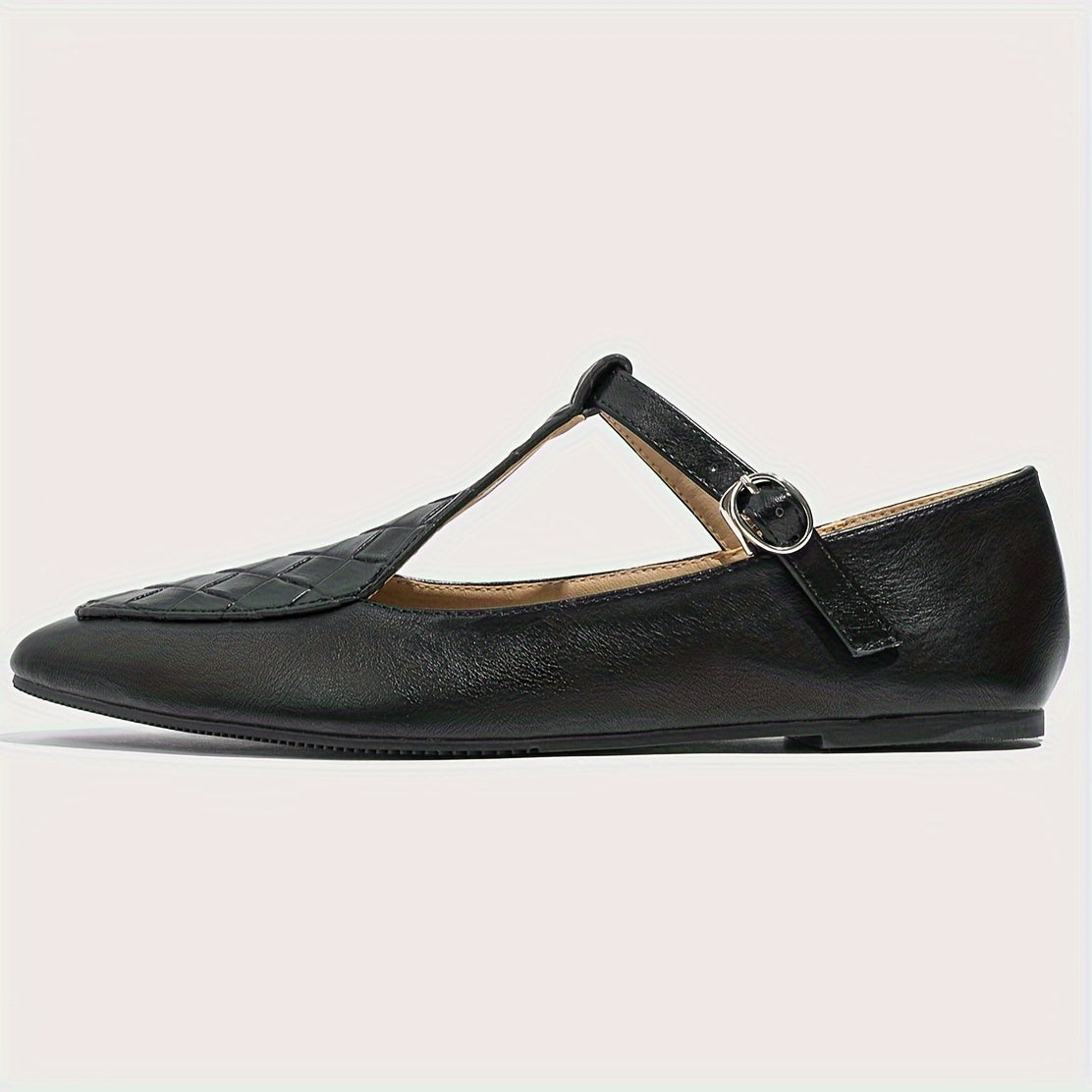 Women's Black Faux Leather Slip-On Loafers with Gold Buckle