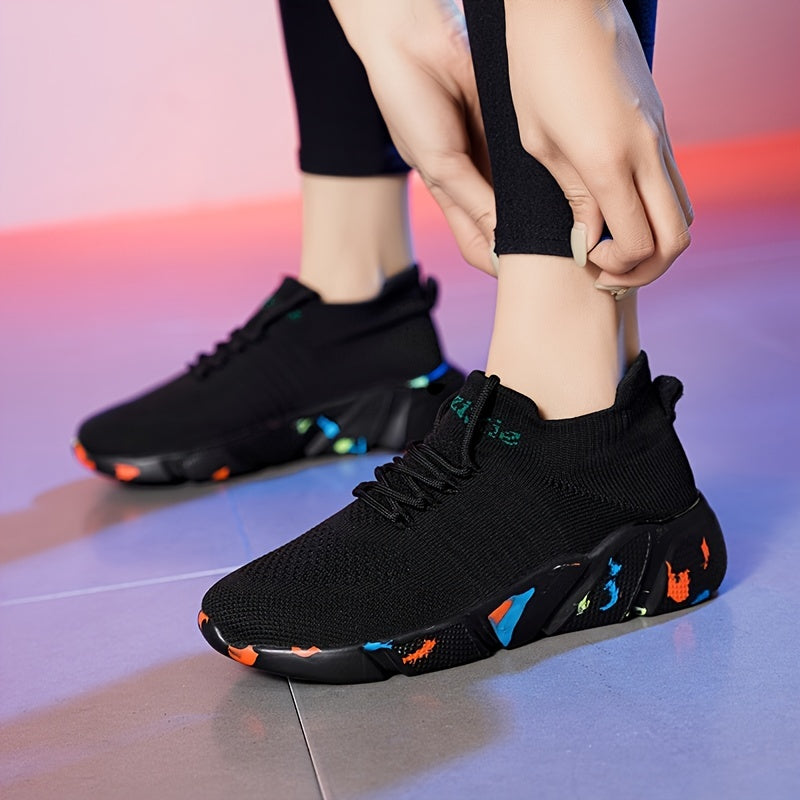 Ayollar va erkaklar uchun nafas oladigan tikuv sport krossovkalar - engil barcha mavsum uchun yugurish poyafzali qora rangda rang-barang aksessuarlar bilan