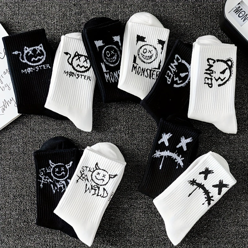 Men's Black and White Graffiti Pattern Crew Socks 5 Pairs Breathable Comfortable All Seasons