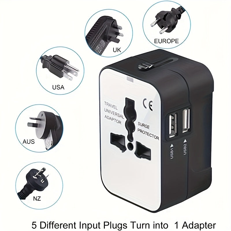 Adaptador de cargador de viaje universal con puertos USB duales, convertidor de enchufe multi-región, protector contra sobretensiones