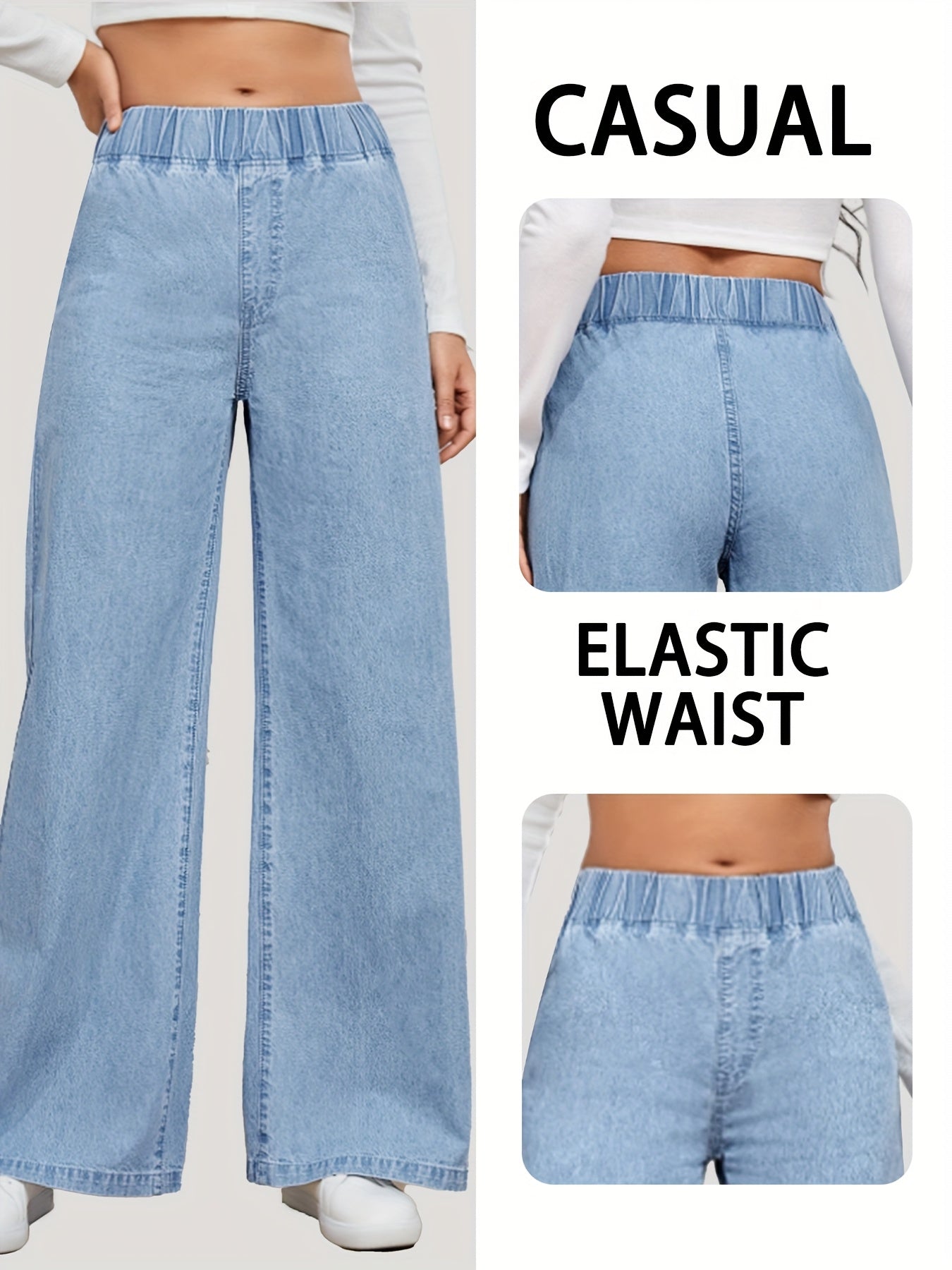 Ayollar uchun kundalik yuqori bel, keng bo’yinli, keng ko’krakli jinslar, yengil ko’k denim, qulay fit