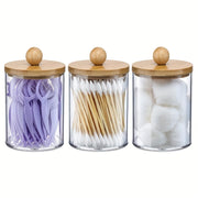 3-Piece 10 Oz Swab Organizer Set with Bamboo Lids for Vanity and Makeup Storage