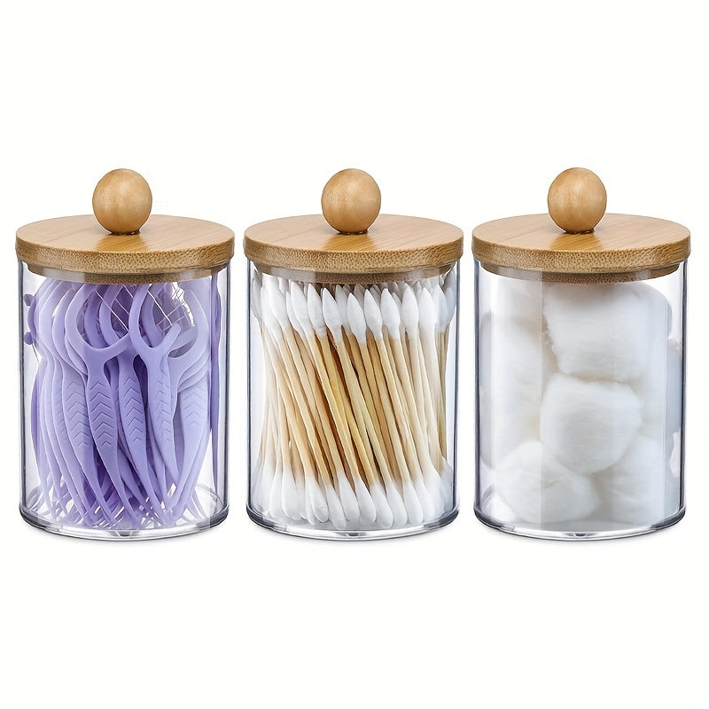 3-Piece 10 Oz Swab Organizer Set with Bamboo Lids for Vanity and Makeup Storage