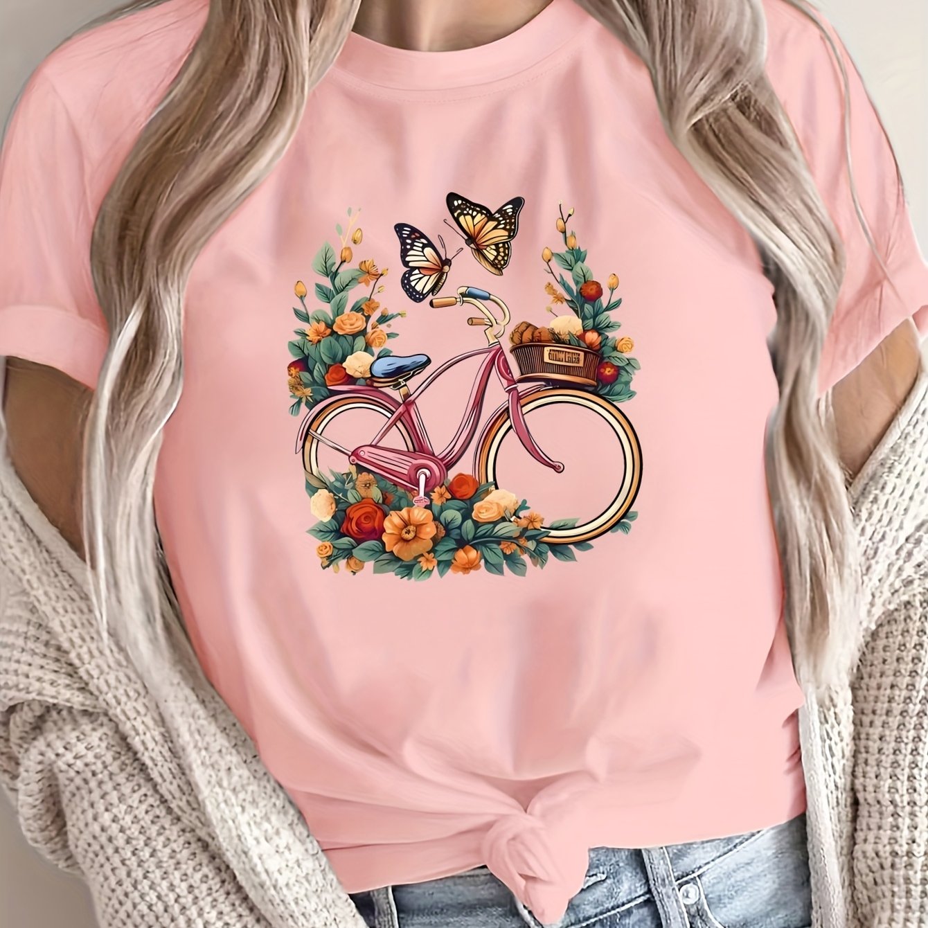 Women’s Floral Bicycle Print T-Shirt Casual Crew Neck Breathable Polyester Black