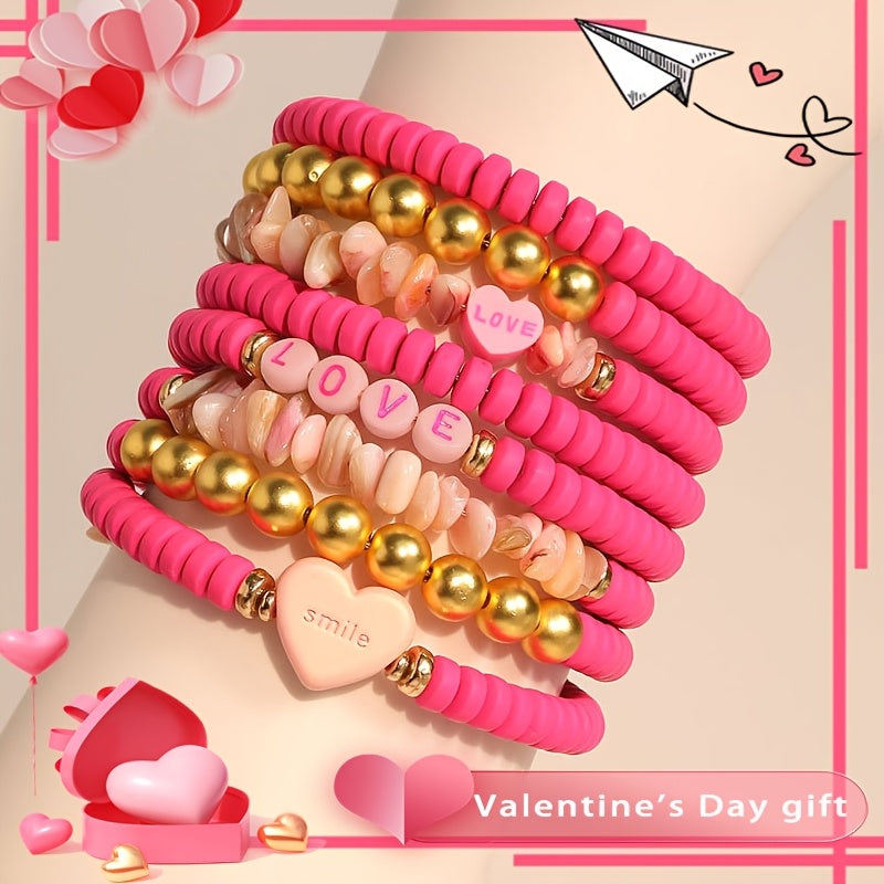 Pink Resin Beaded Heart Love Bracelet for Women Bohemian Style Valentine’s Day Accessory