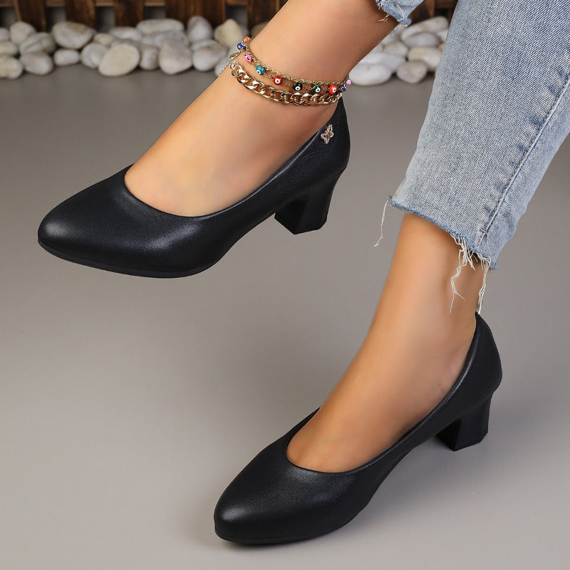 Women's Black Formal High Heels with Chunky Block Heel and Non-Slip Sole