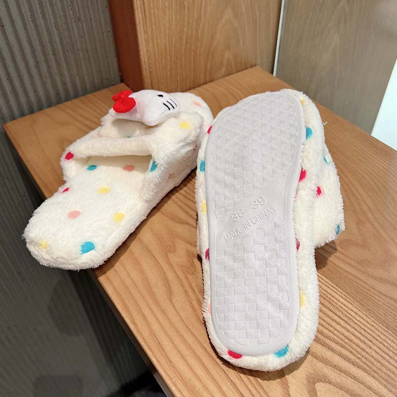 Women's Plush Polka Dot Slippers with Red Bows Fleece Lining Indoor House Shoes