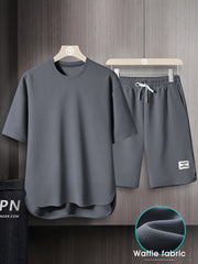 Men's Summer Short Sleeve Suit Solid Color Crew Neck Breathable Thin Shorts Two-Piece Set
