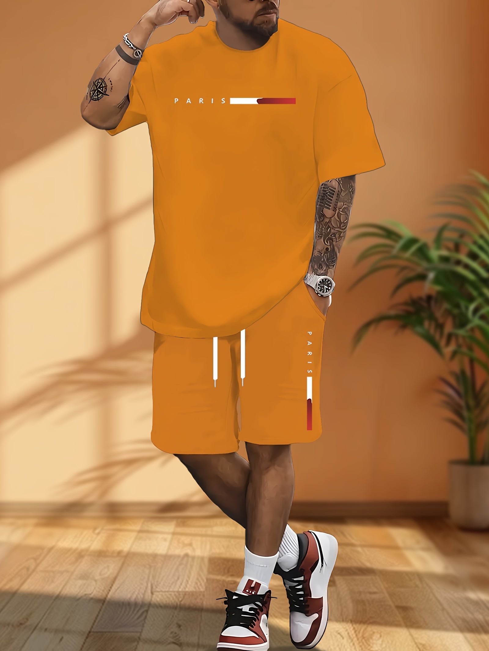 Men's Casual Outfit with Short-Sleeve T-Shirt and Drawstring Shorts for Spring Summer Sports