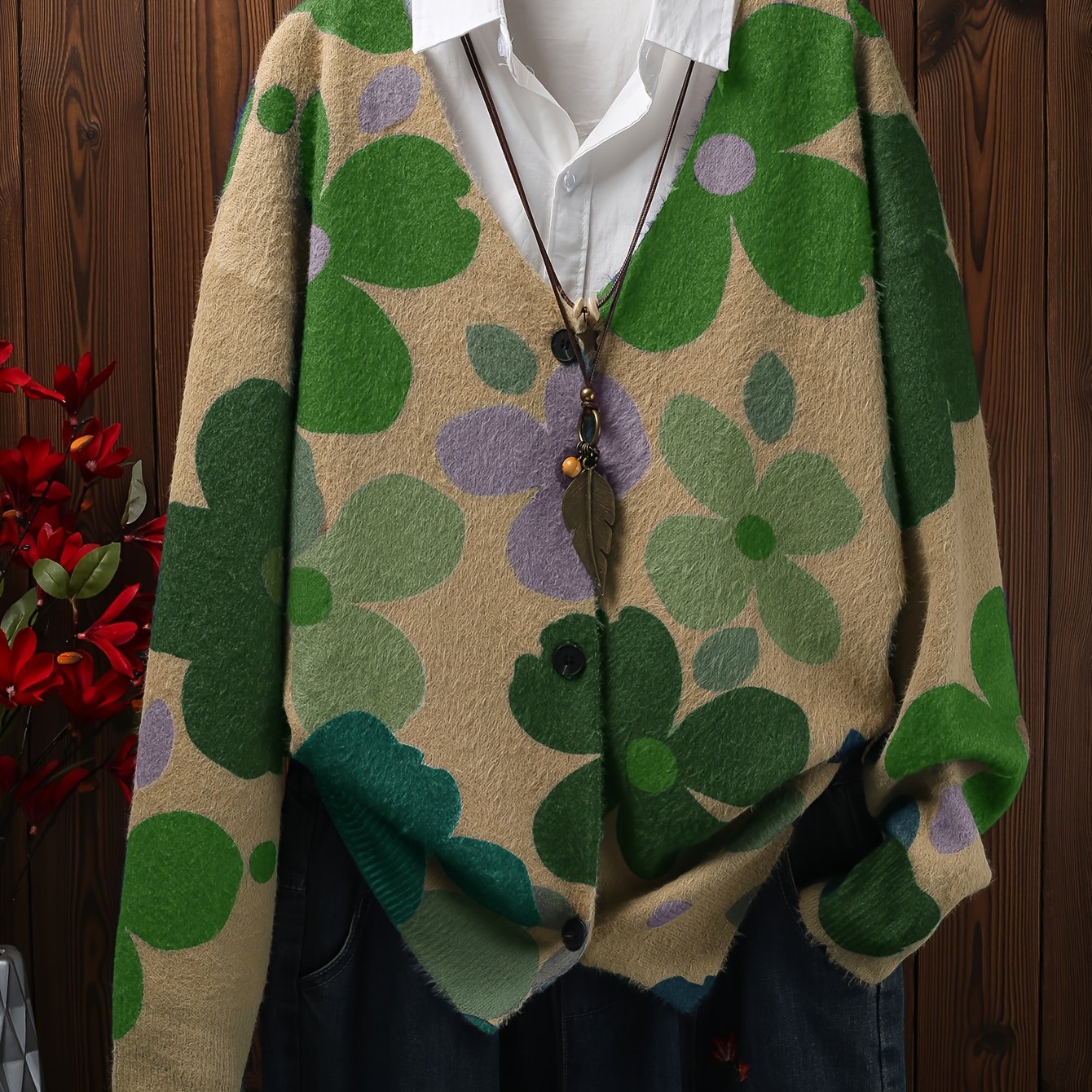 Plus Size Floral Print Button Front Cardigan V Neck Long Sleeve Spring Fall Women's Clothing