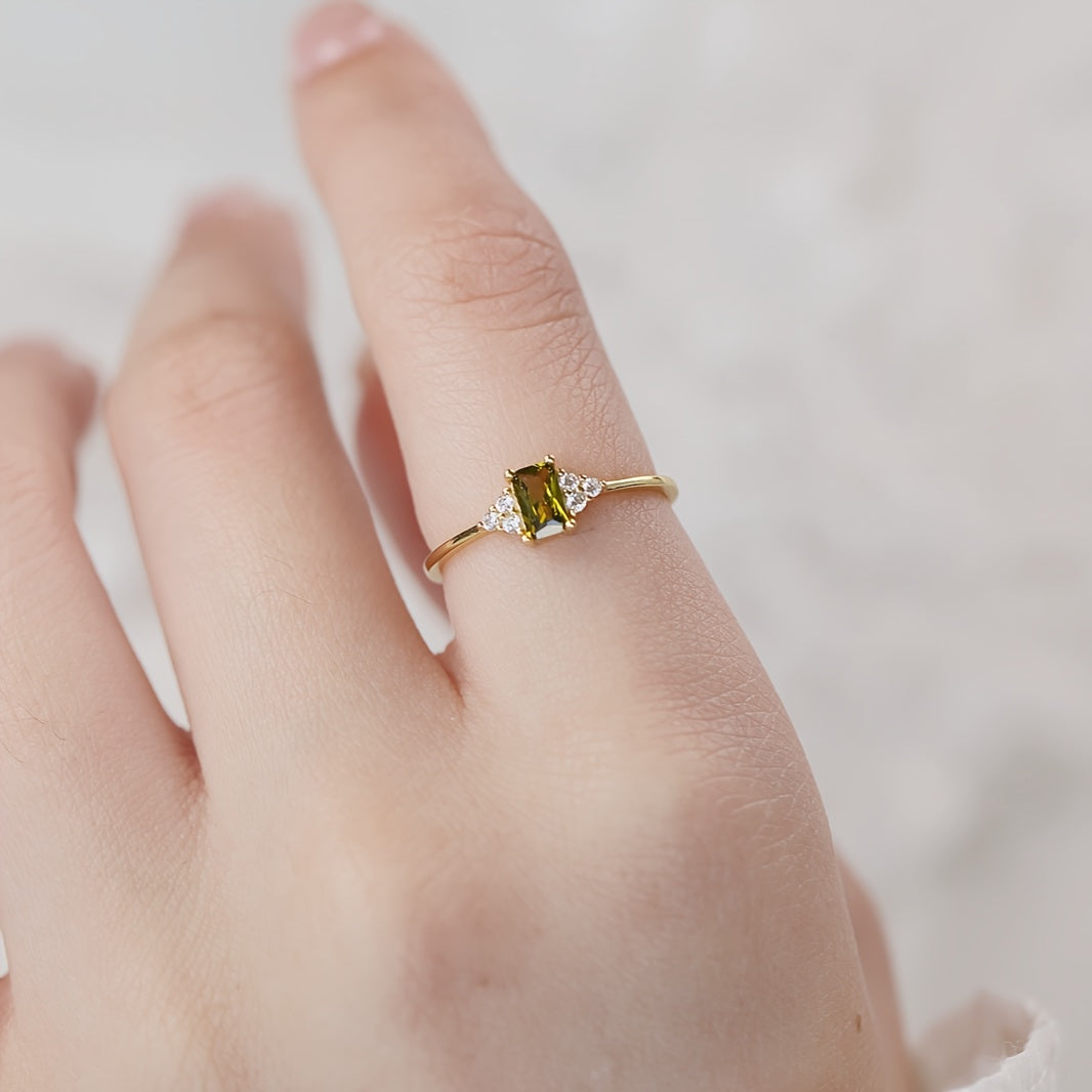 Sterling Silver Promise Ring 14k Gold Plated Waterish Zirconia Rectangular Engagement Wedding