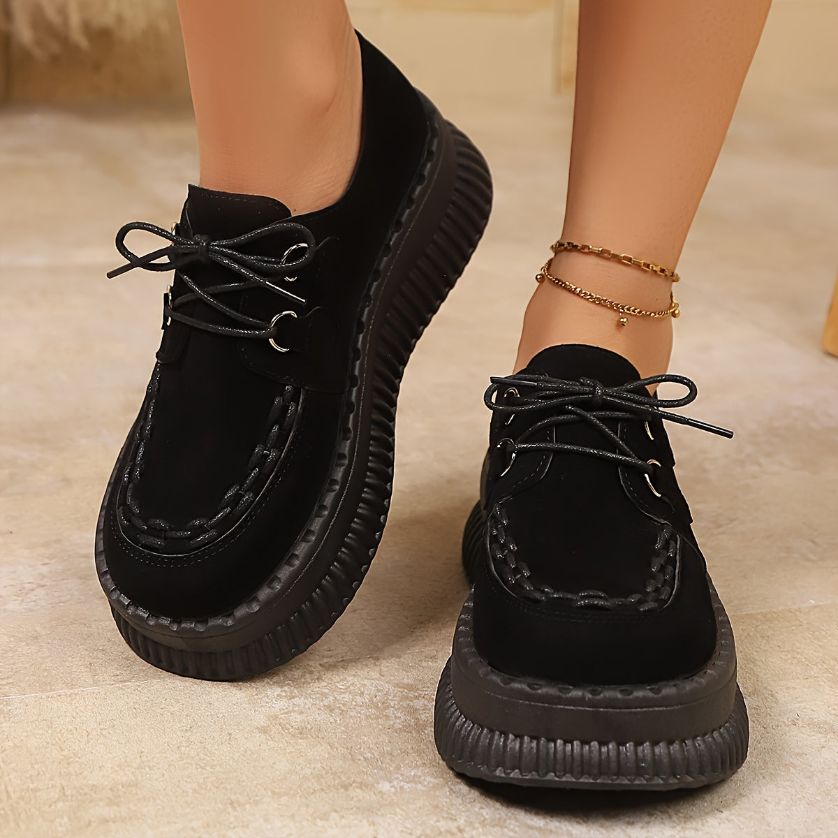 Women's Black Chunky Platform Loafers Casual Shoes with Rubber Sole