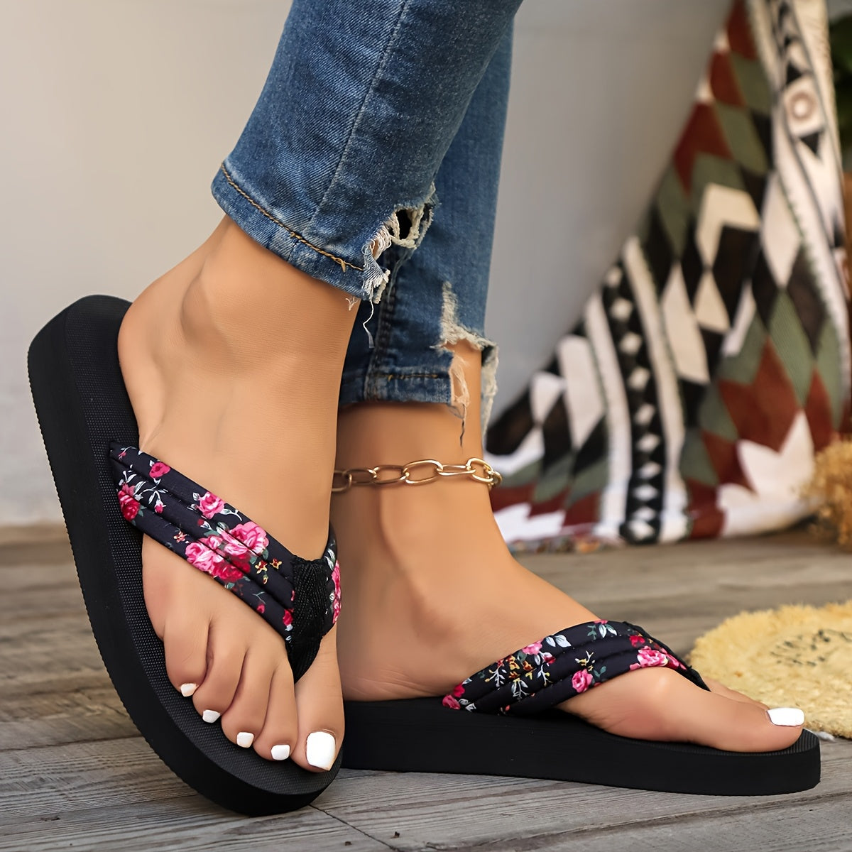 Women's Floral Flip-Flops, EVA Sole, Breathable Fabric, All-Season Comfortable Sandals