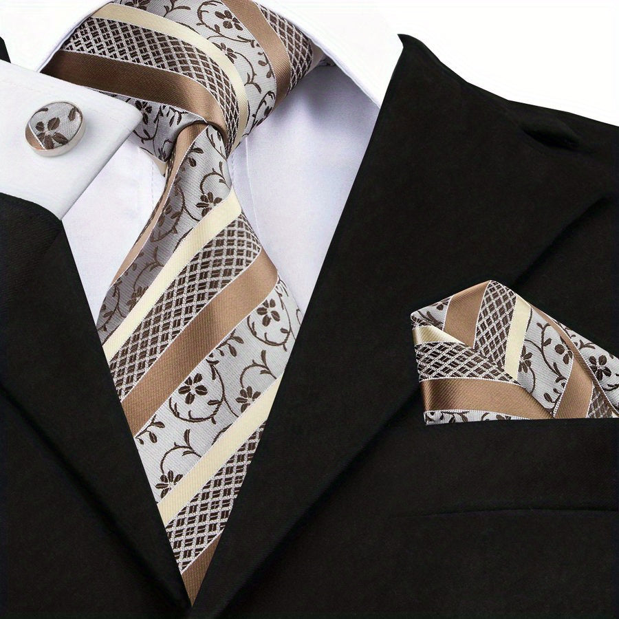 Men's Classic Necktie Set 160cm with Matching Hanky and Cufflinks for Business and Formal Events