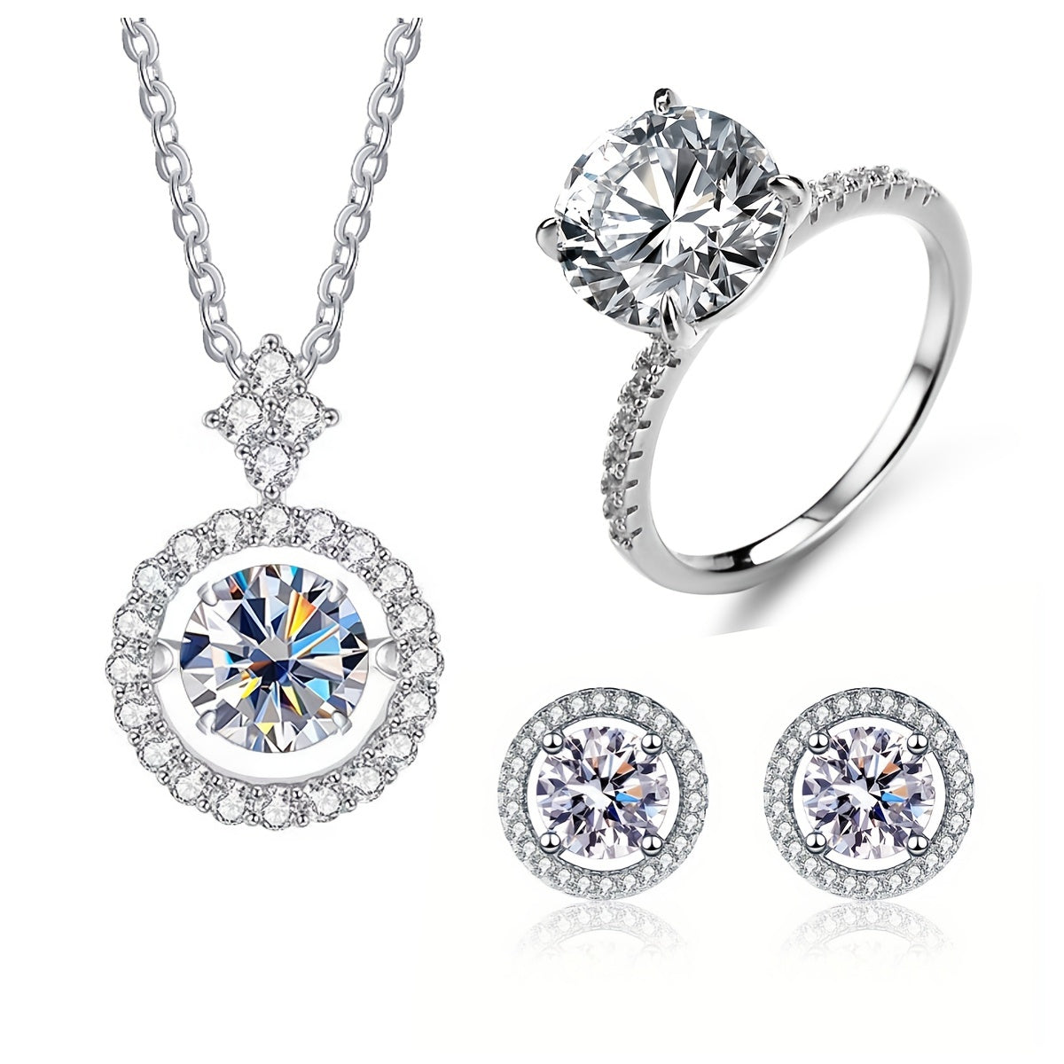 Set of 4 Moissanite Earrings 1ct Each Sterling Silver with Ring and Necklace in Multiple Colors