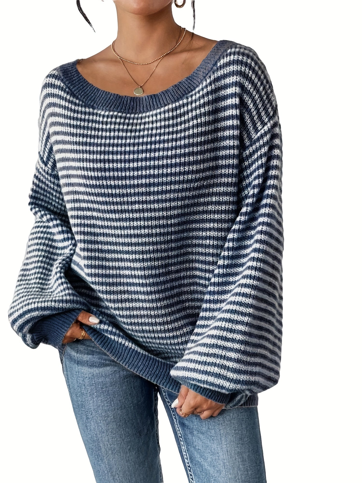 Plus Size Women's Striped Crew Neck Long Sleeve Sweater Fall Winter Casual