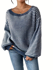 Plus Size Women's Striped Crew Neck Long Sleeve Sweater Fall Winter Casual