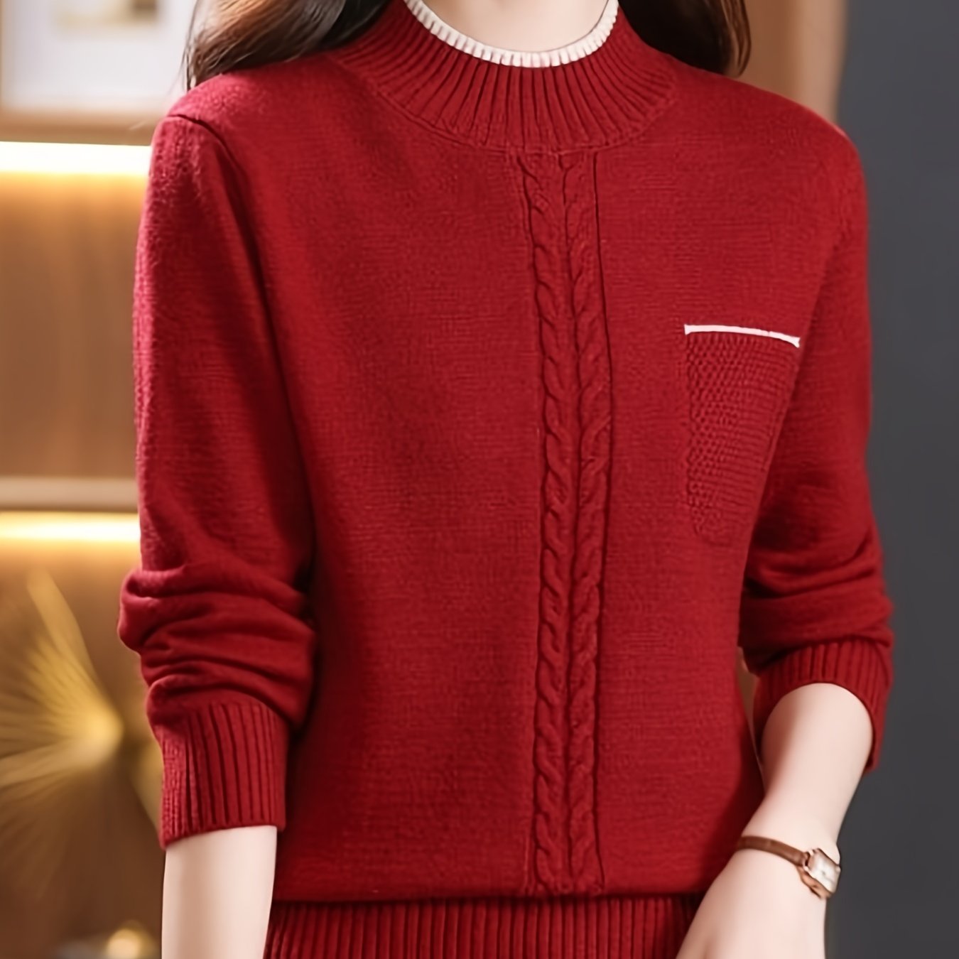 Plus Size Ribbed High Neck Sweater with Contrast Trim Casual Knitwear