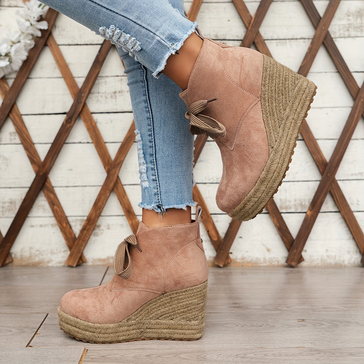 Women's Casual Lace-Up Ankle Boots with Woven Jute Platform Heel
