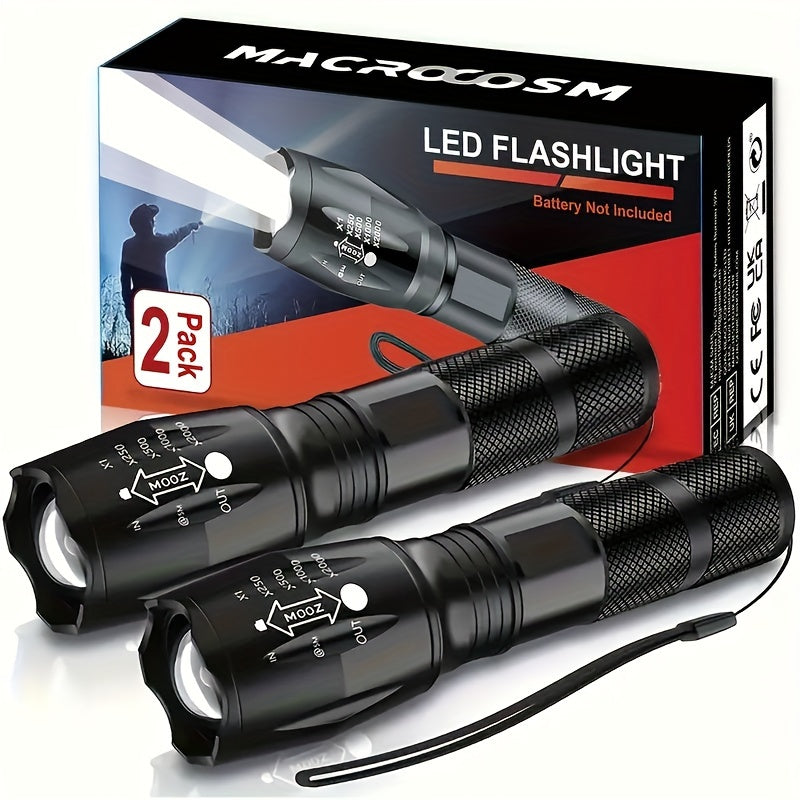 2 ta LED zoomable flashlight, camping, piyoda yurish, baliq ovlash, favqulodda vaziyatlar uchun yorqin alyuminiy qotishmasidan tayyorlangan. Batareyalar kiritilmagan.