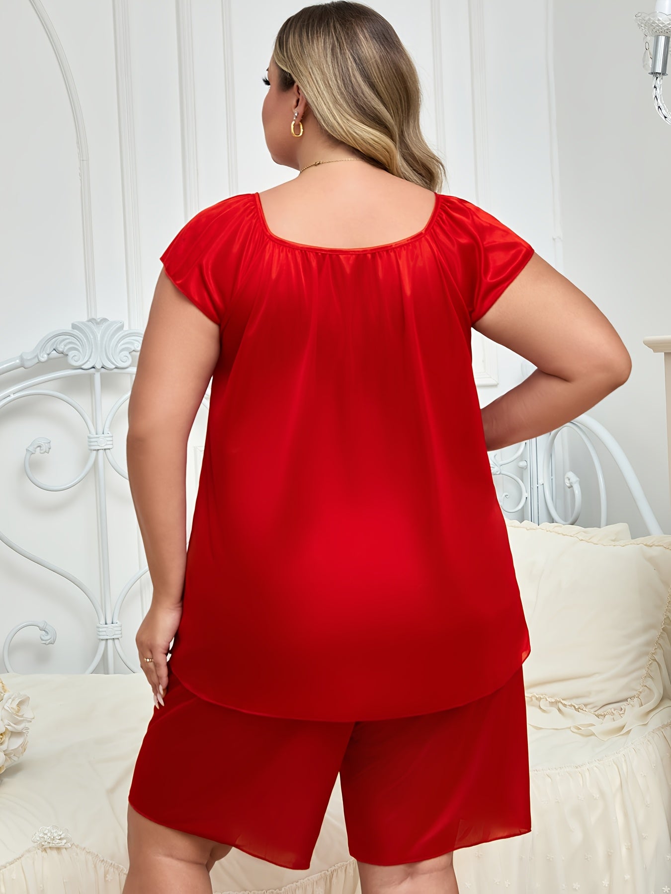 Women's Pajama Set with Bow Detail Polyester Elastane Short Sleeve Top and Shorts