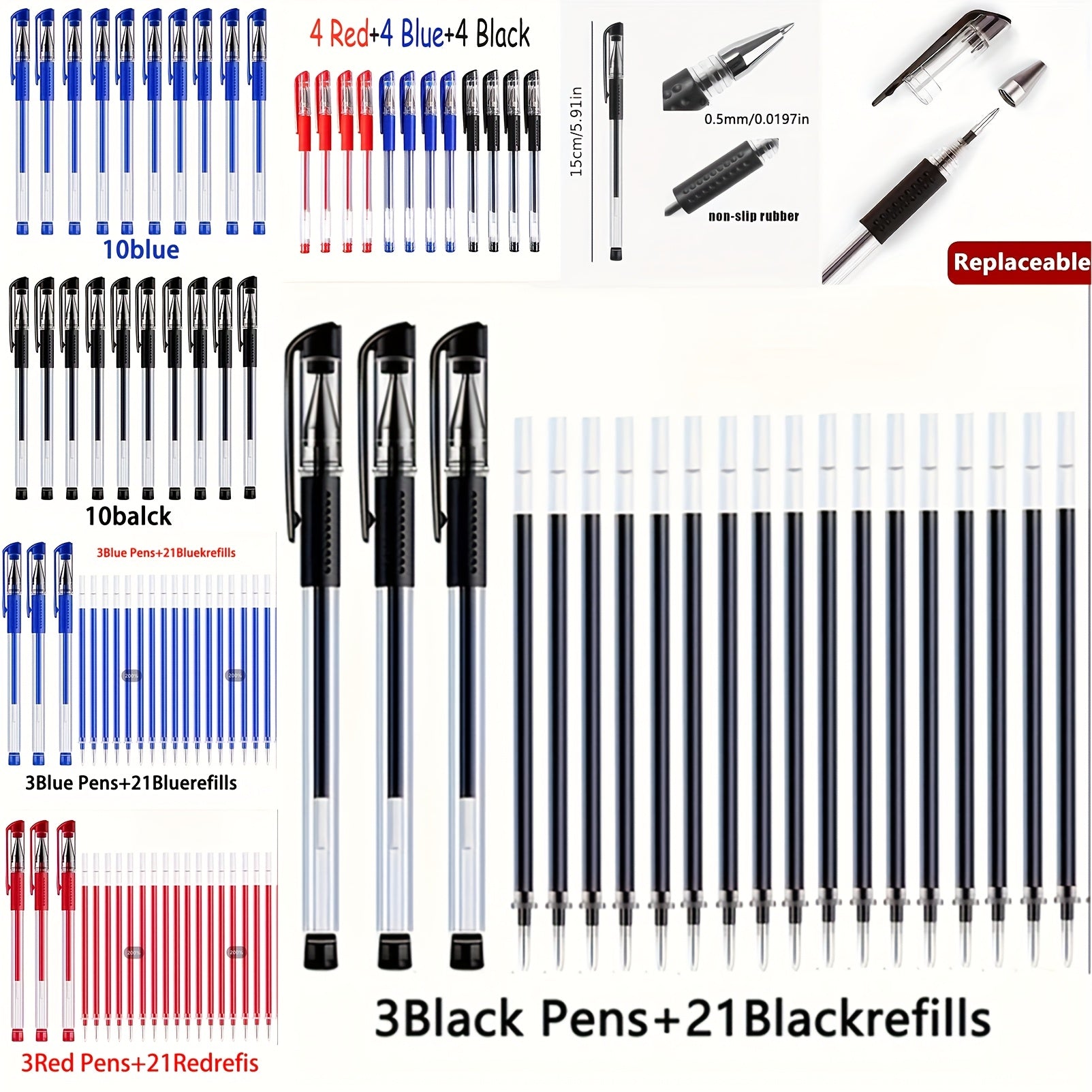 24 Ergonomic Glossy Gel Pens Set 0.5mm Fine Tip Black Blue Red for School Office