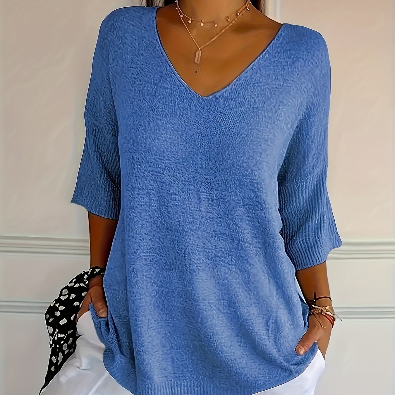 Women’s Plus Size V-Neck Knit Top Soft Blue Ribbed Oversized Pullover