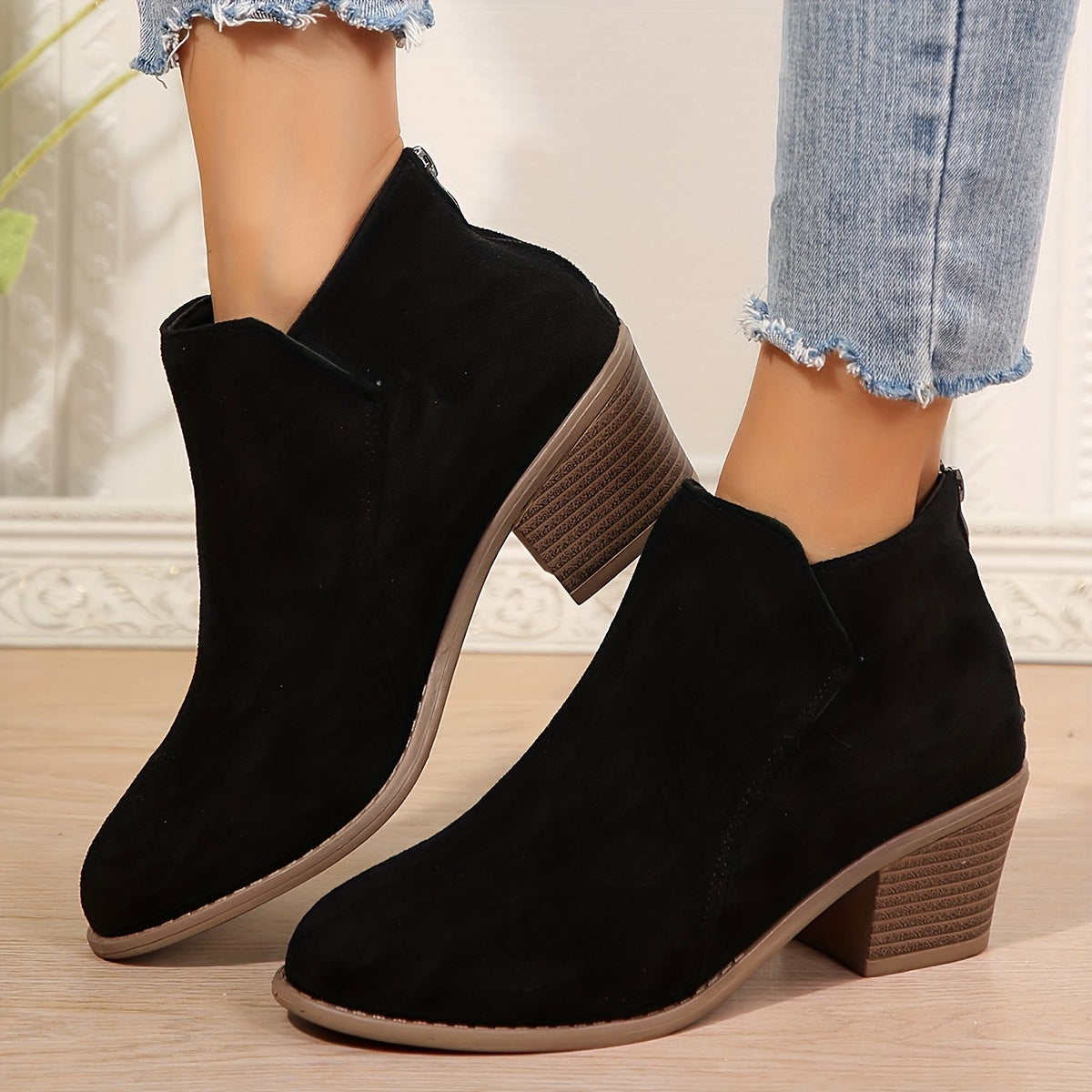 Women's Suedette Ankle Boots with Chunky Heel and Pointed Toe