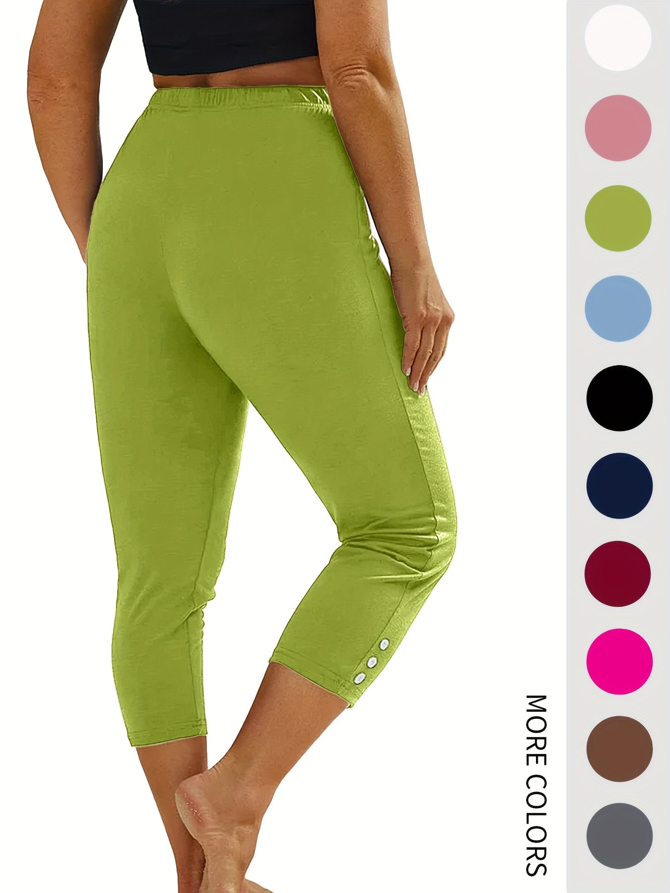 Women's High-Waisted Capri Leggings 5-Pack Faux Button Solid Colors Stretch