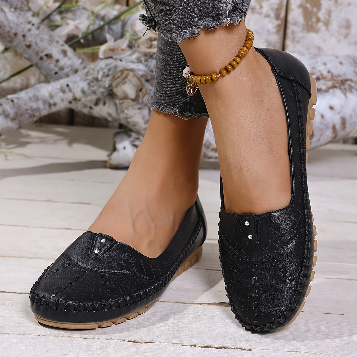 Plus Size Women's Slip-On Rhinestone Ballet Flats Breathable PU Round Toe