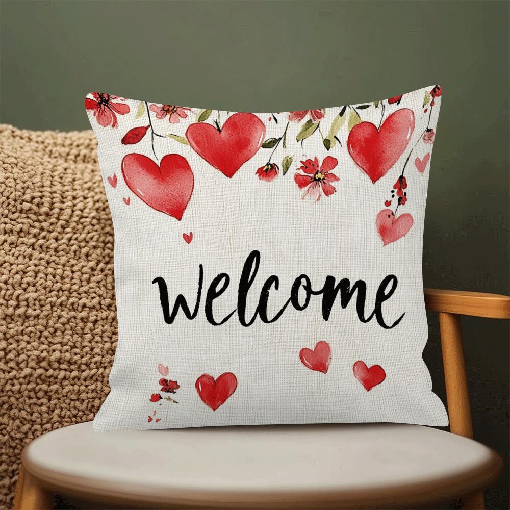 Red Heart and Floral Throw Pillow Cover 45cm Polyester Zippered Washable Decorative