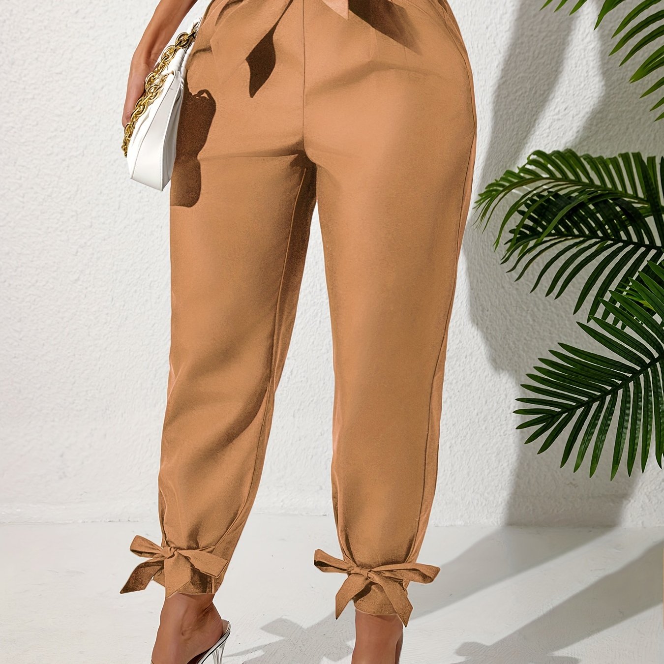 Pantalones anchos de talla grande para mujer con lazo en la parte delantera, color sólido, largo recto, verano, casual, con cintura elástica