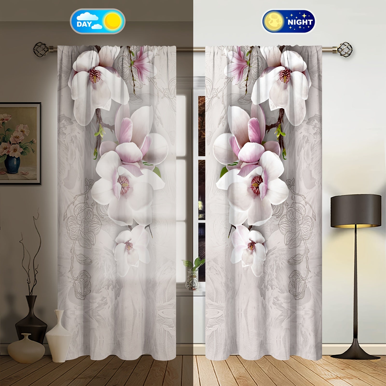 Set of 2 Magnolia Patterned Semi-Blackout Curtains with Rod Pocket for Bedroom Living Room Kitchen