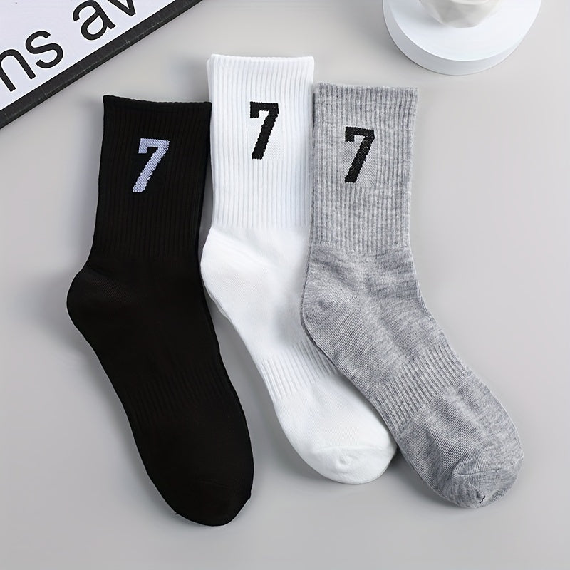 Men's Mid-Calf Socks Set of 3 Breathable Polyester Spandex Casual Athletic Black White Gray