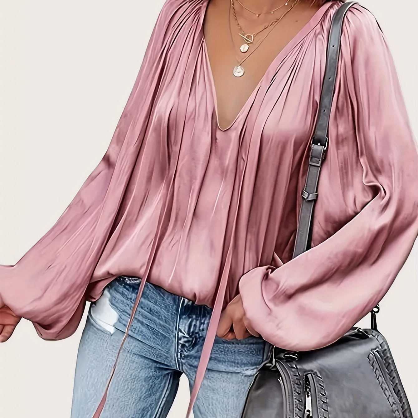 Women's Polyester V-Neck Blouse with Tie Neck and Lantern Sleeves