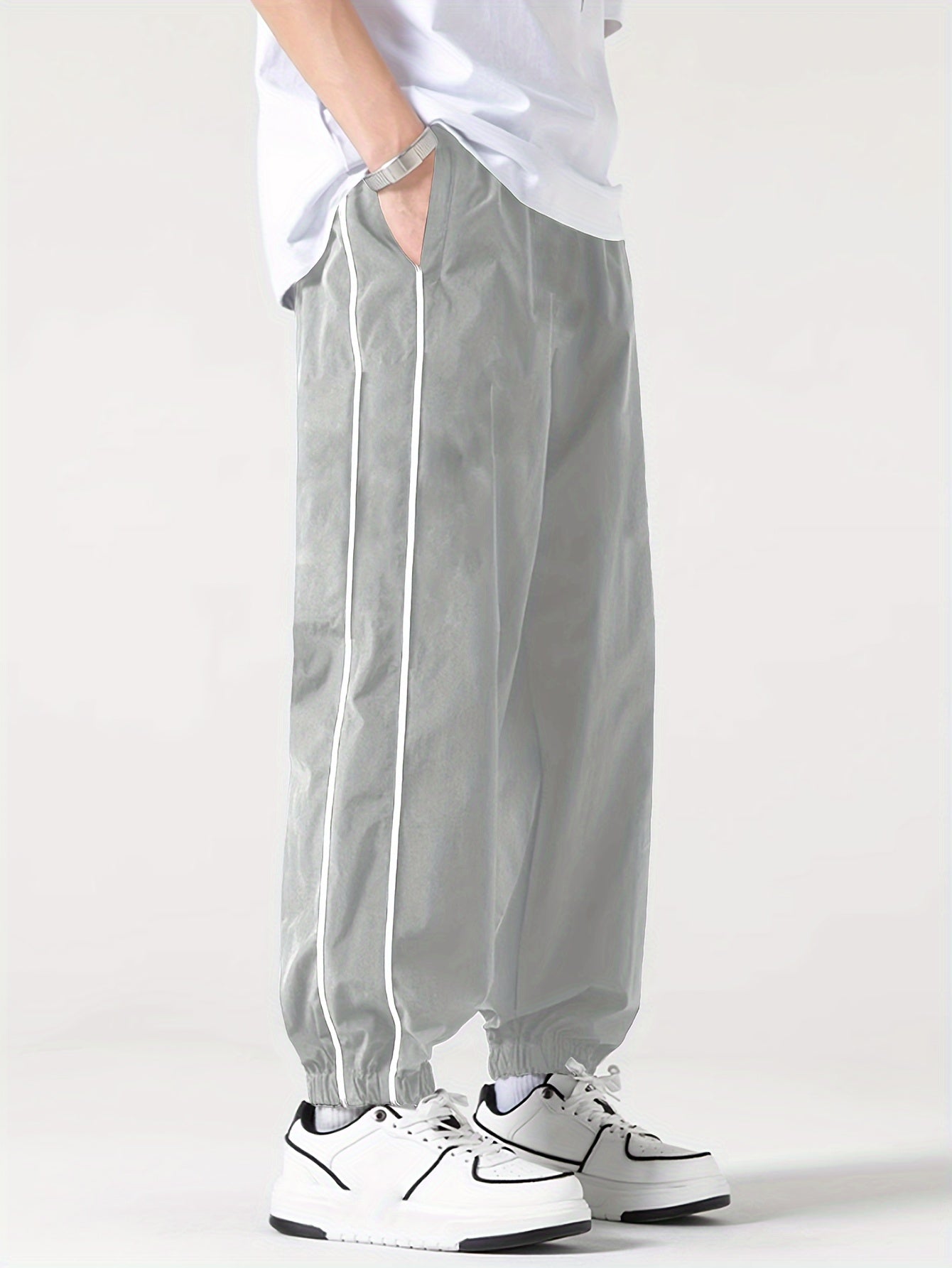 Men's Polyester Jogger Pants with Color-Blocking Stripes Casual Spring Fall Drawstring Waist