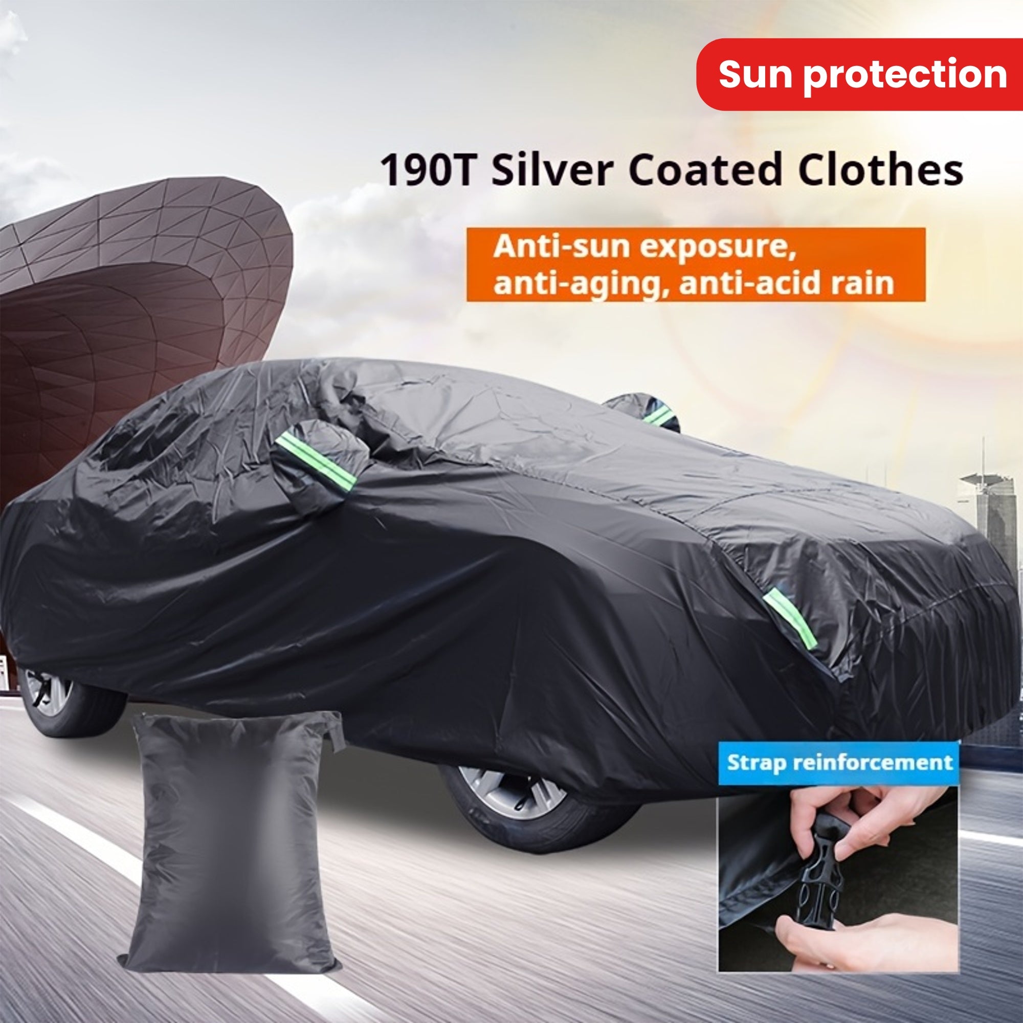Funda para coche negra de poliéster con protección solar, tira reflectante 190T